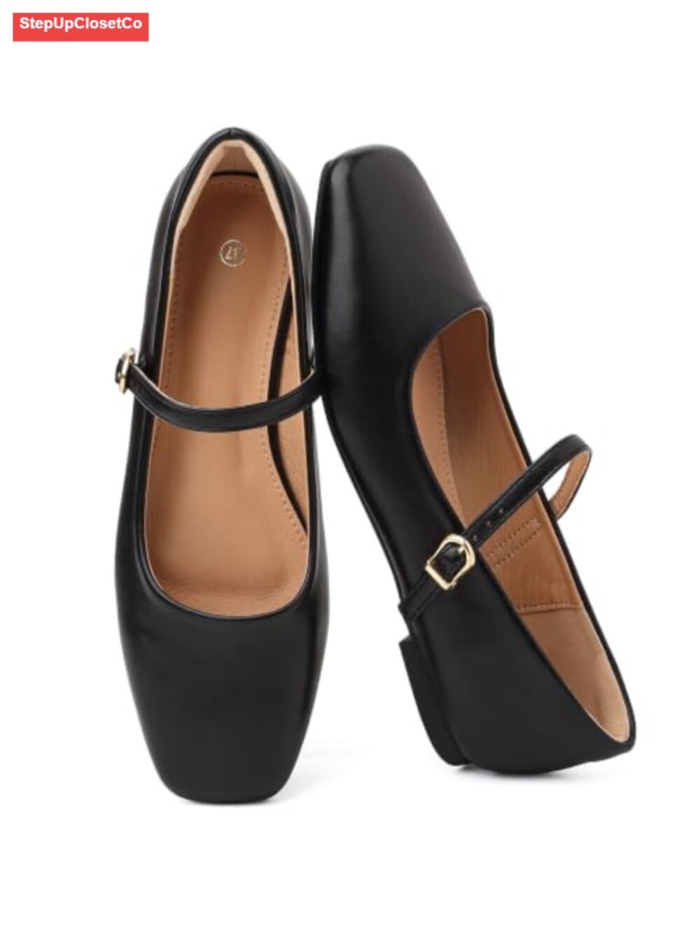 Women's Square Toe Mary Jane Flats with Adjustable Strap - Faux Leather Comfort